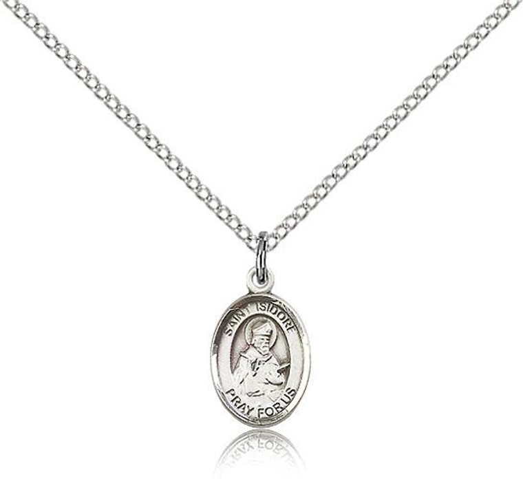 Sterling Silver St. Isidore of Seville Pendant, Sterling Silver Lite Curb Chain, Small Size Catholic Medal, 1/2" x 1/4"