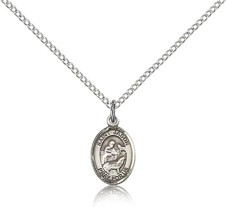 Sterling Silver St. Jason Pendant, Sterling Silver Lite Curb Chain, Small Size Catholic Medal, 1/2" x 1/4"