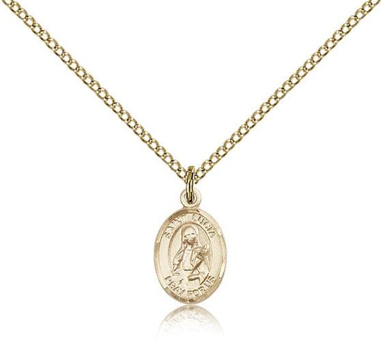Gold Filled St. Lucia of Syracuse Pendant, Gold Filled Lite Curb Chain, Small Size Catholic Medal, 1/2" x 1/4"