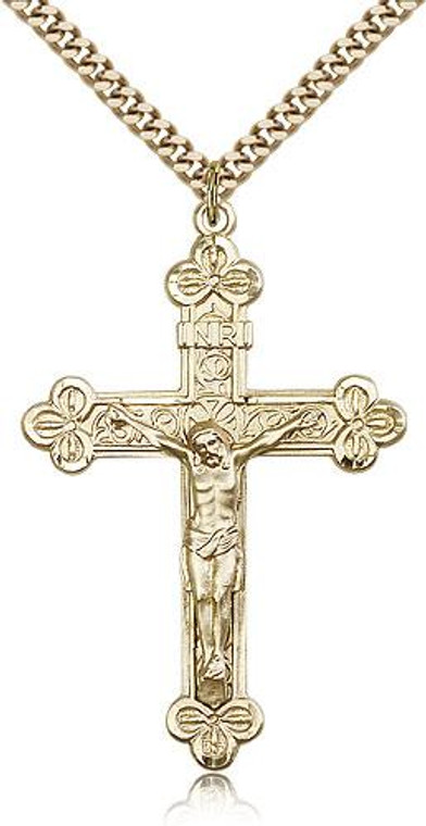 Gold Filled Crucifix Pendant, Stainless Gold Heavy Curb Chain, 1 7/8" x 1 1/4"