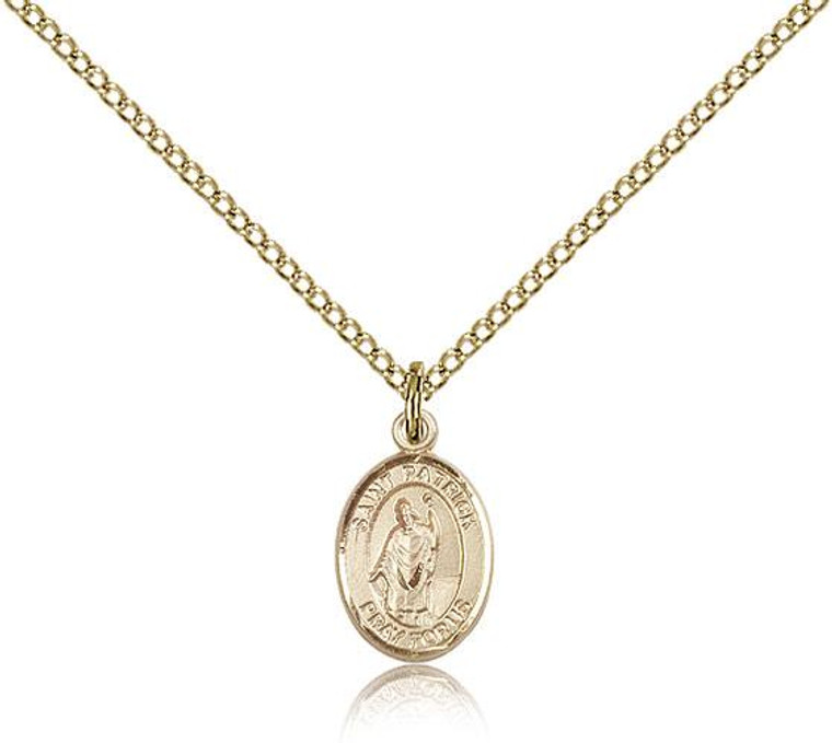 Gold Filled St. Patrick Pendant, Gold Filled Lite Curb Chain, Small Size Catholic Medal, 1/2" x 1/4"