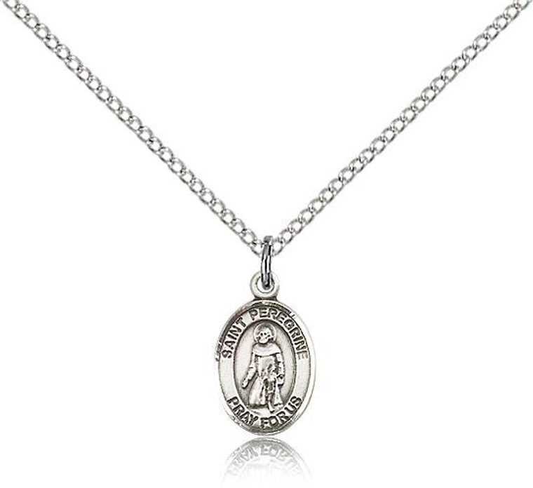 Sterling Silver Small St. Peregrine Laziosi Pendant, Sterling Silver Lite Curb Chain, Small Size Catholic Medal, 1/2" x 1/4"