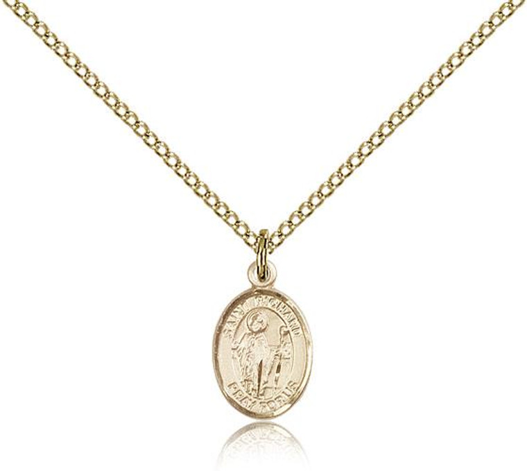 Gold Filled St. Richard Pendant, Gold Filled Lite Curb Chain, Small Size Catholic Medal, 1/2" x 1/4"