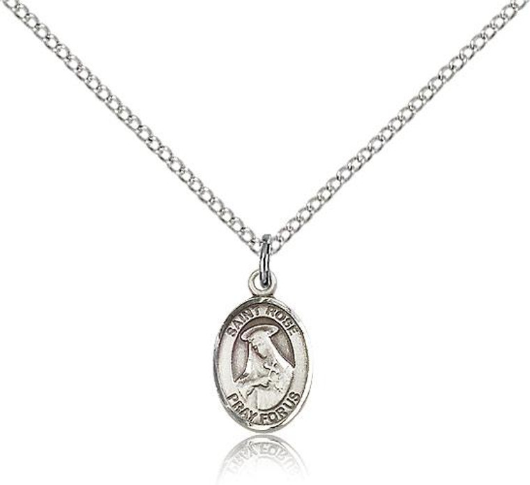 Sterling Silver Small St. Rose of Lima Pendant, Sterling Silver Lite Curb Chain, Small Size Catholic Medal, 1/2" x 1/4"
