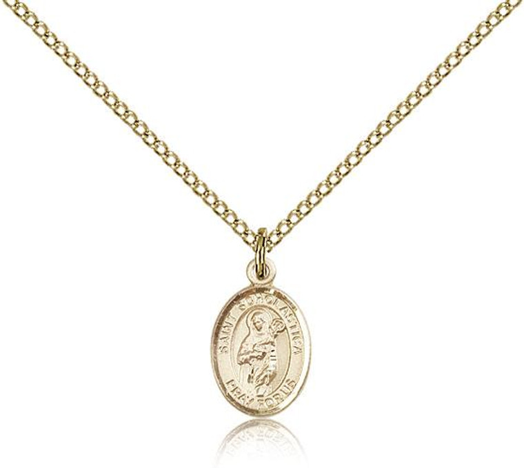 Gold Filled St. Scholastica Pendant, Gold Filled Lite Curb Chain, Small Size Catholic Medal, 1/2" x 1/4"