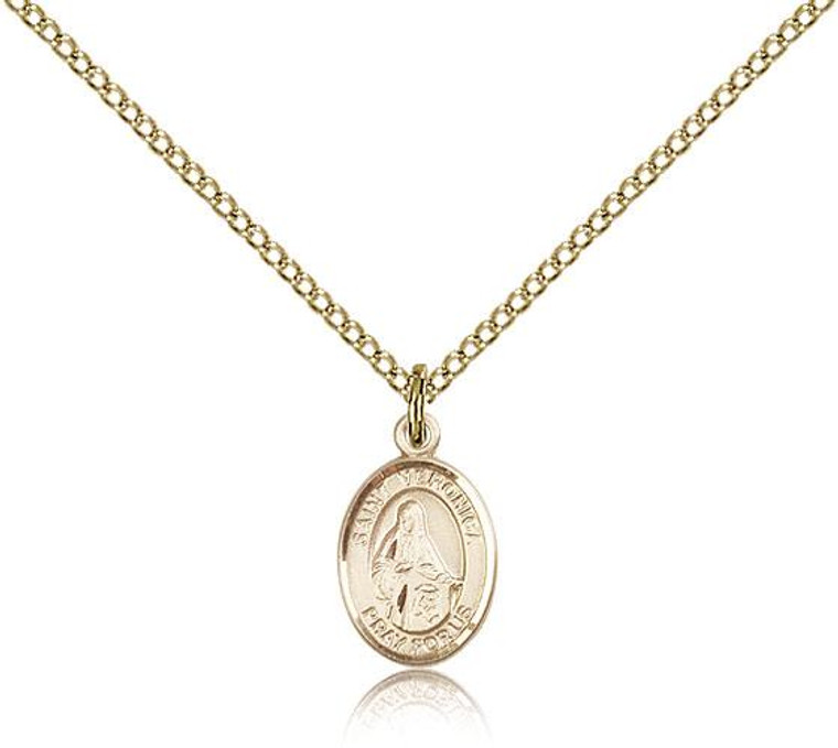 Gold Filled St. Veronica Pendant, Gold Filled Lite Curb Chain, Small Size Catholic Medal, 1/2" x 1/4"
