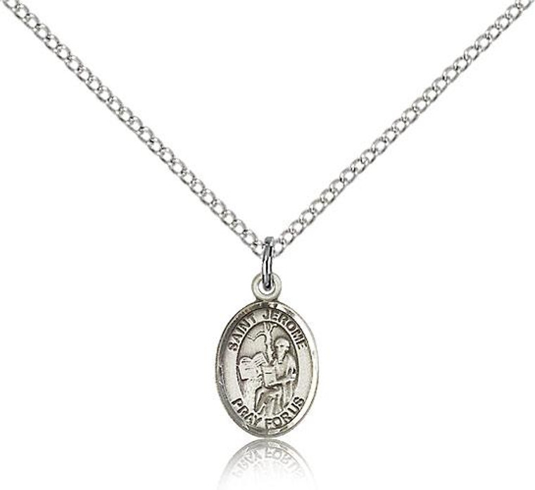 Sterling Silver St. Jerome Pendant, Sterling Silver Lite Curb Chain, Small Size Catholic Medal, 1/2" x 1/4"