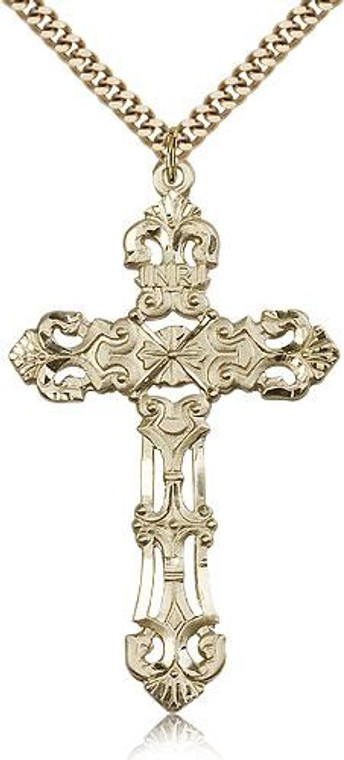Gold Filled Cross Pendant, Stainless Gold Heavy Curb Chain, 2 1/8" x 1 1/4"