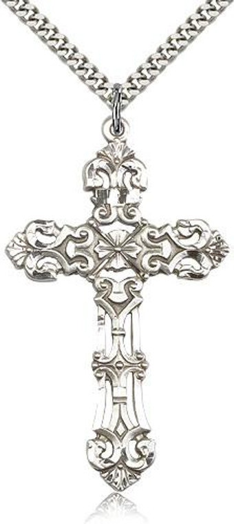 Sterling Silver Cross Pendant, Stainless Silver Heavy Curb Chain, 2 1/8" x 1 1/4"