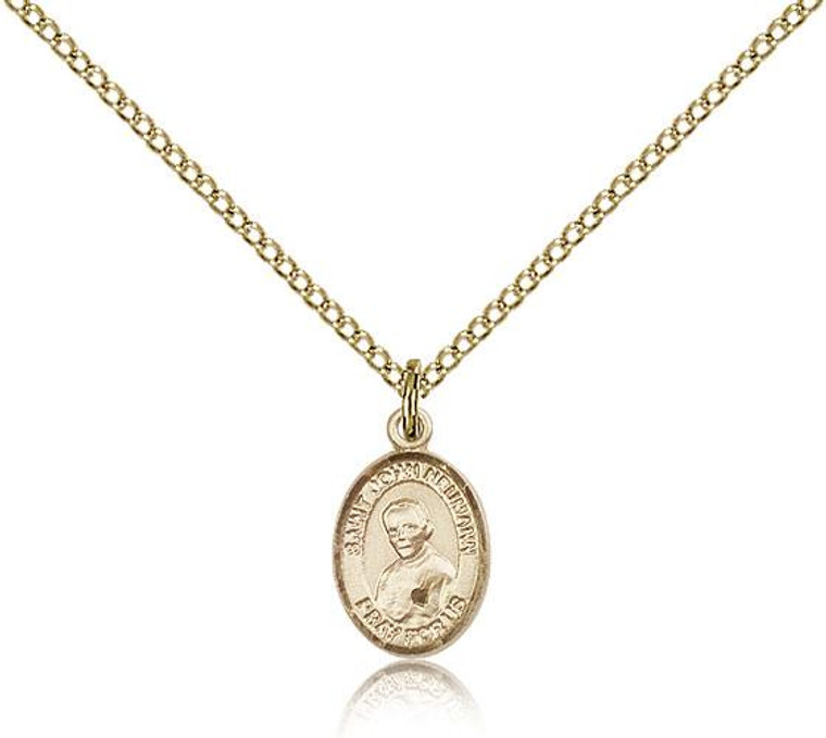 Gold Filled St. John Neumann Pendant, Gold Filled Lite Curb Chain, Small Size Catholic Medal, 1/2" x 1/4"