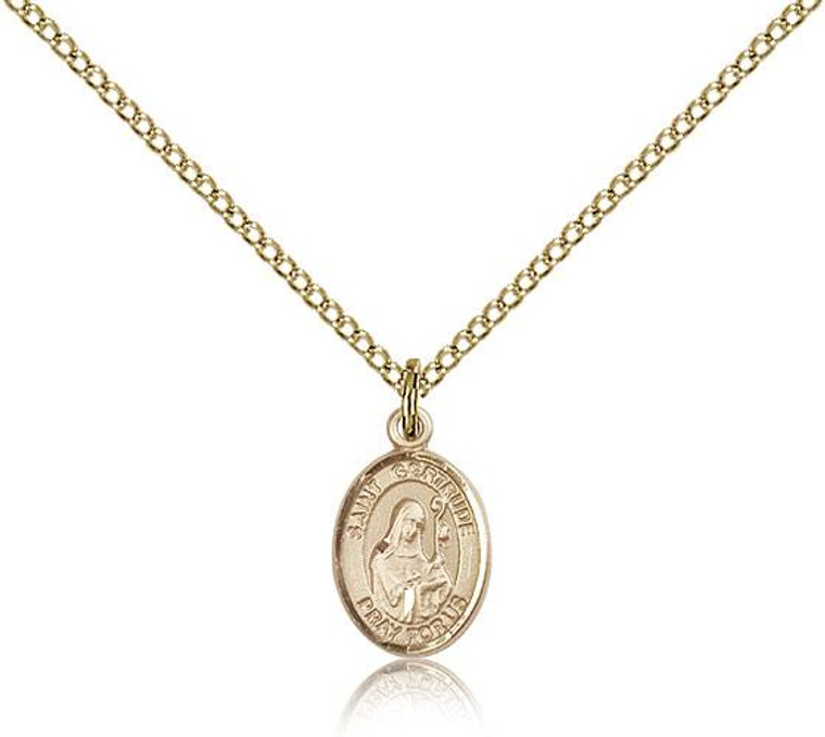 Gold Filled St. Gertrude of Nivelles Pendant, Gold Filled Lite Curb Chain, Small Size Catholic Medal, 1/2" x 1/4"