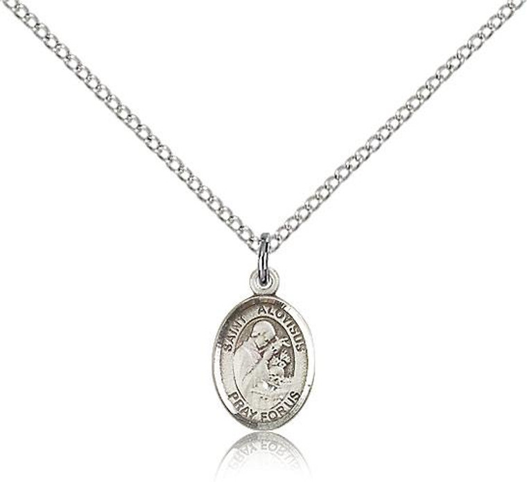 Sterling Silver St. Aloysius Gonzaga Pendant, Sterling Silver Lite Curb Chain, Small Size Catholic Medal, 1/2" x 1/4"