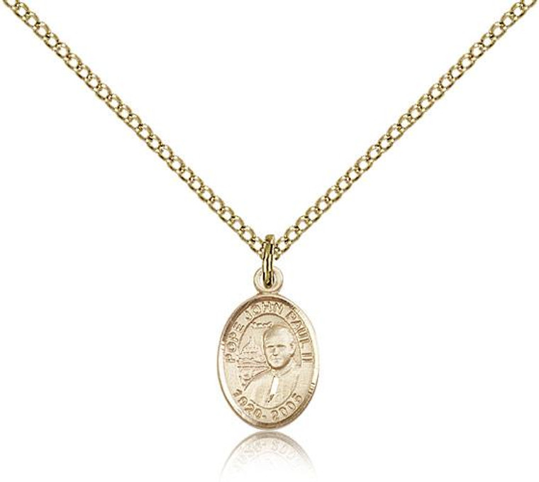Gold Filled Pope John Paul II Pendant, Gold Filled Lite Curb Chain, Small Size Catholic Medal, 1/2" x 1/4"