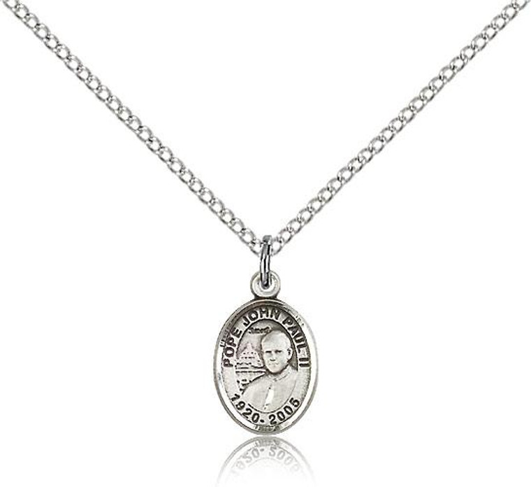 Sterling Silver Pope John Paul II Pendant, Sterling Silver Lite Curb Chain, Small Size Catholic Medal, 1/2" x 1/4"