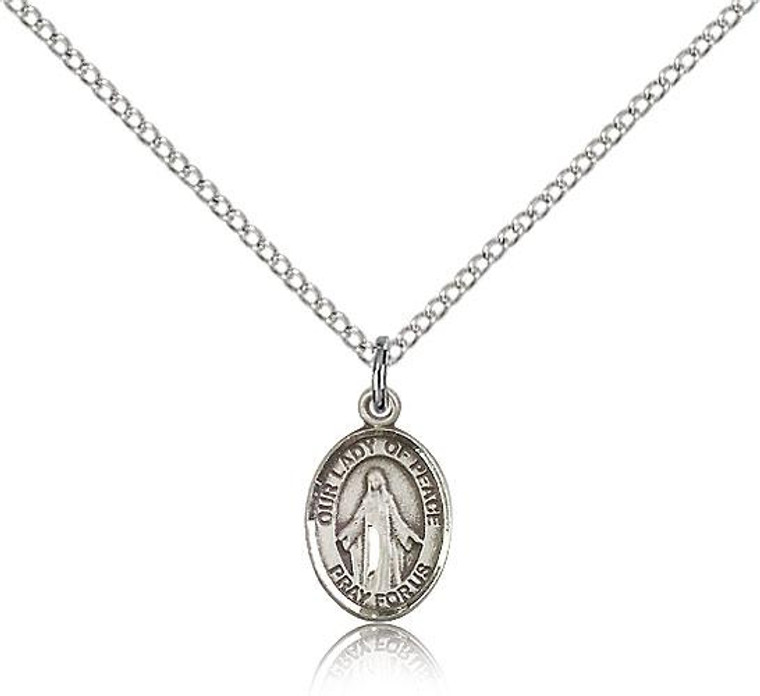 Sterling Silver Our Lady of Peace Pendant, Sterling Silver Lite Curb Chain, Small Size Catholic Medal, 1/2" x 1/4"