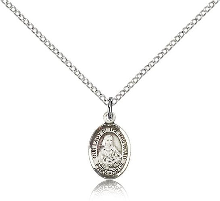 Sterling Silver Our Lady of the Railroad Pendant, Sterling Silver Lite Curb Chain, Small Size Catholic Medal, 1/2" x 1/4"