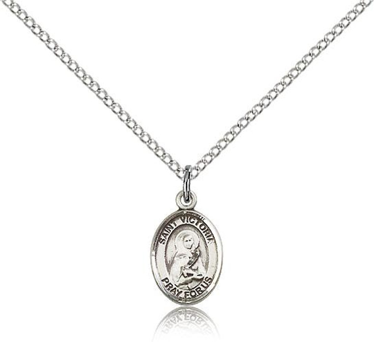 Sterling Silver St. Victoria Pendant, Sterling Silver Lite Curb Chain, Small Size Catholic Medal, 1/2" x 1/4"