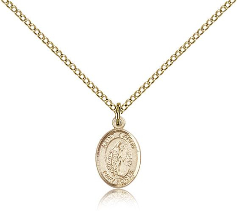 Gold Filled St. Aaron Pendant, Gold Filled Lite Curb Chain, Small Size Catholic Medal, 1/2" x 1/4"