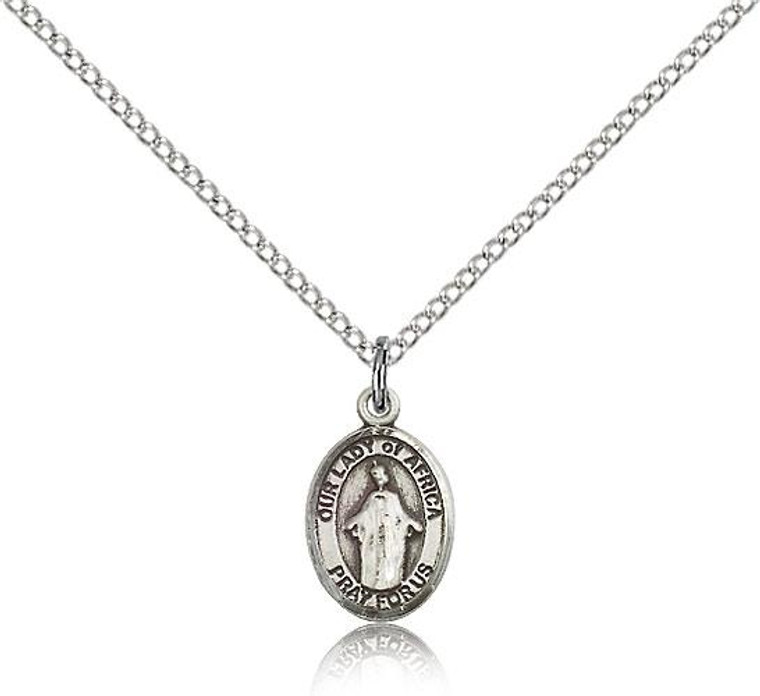 Sterling Silver Our Lady of Africa Pendant, Sterling Silver Lite Curb Chain, Small Size Catholic Medal, 1/2" x 1/4"