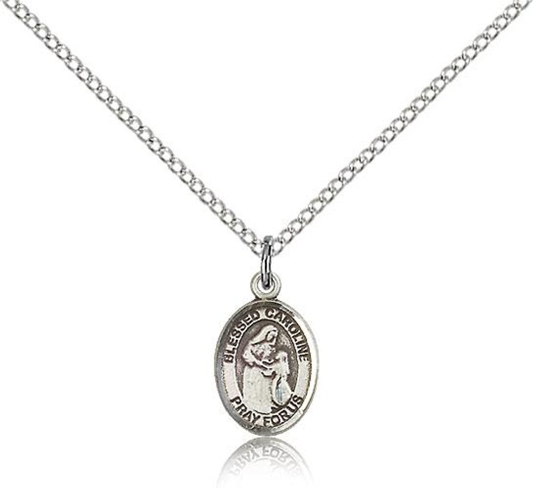 Sterling Silver Blessed Caroline Gerhardinger Pend, Sterling Silver Lite Curb Chain, Small Size Catholic Medal, 1/2" x 1/4"