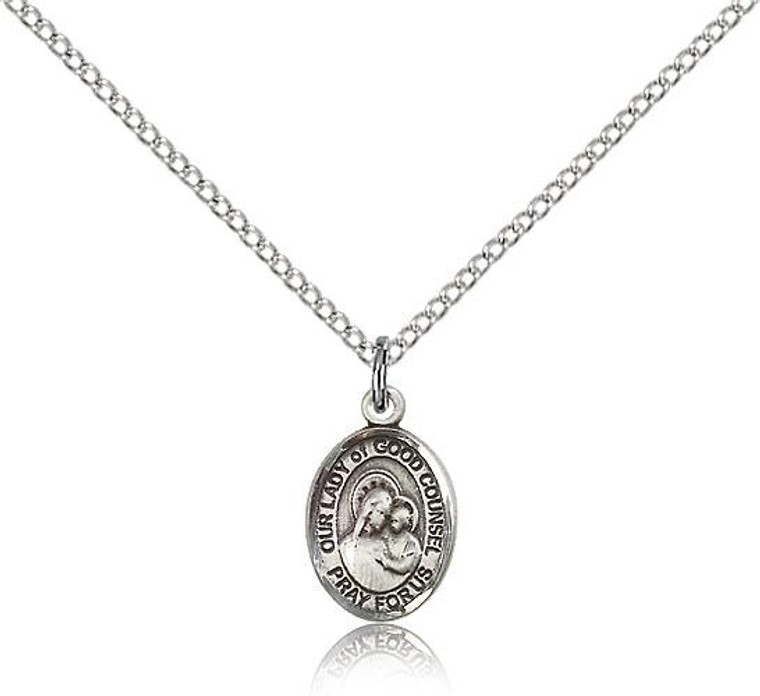 Sterling Silver Our Lady of Good Counsel Pendant, Sterling Silver Lite Curb Chain, Small Size Catholic Medal, 1/2" x 1/4"
