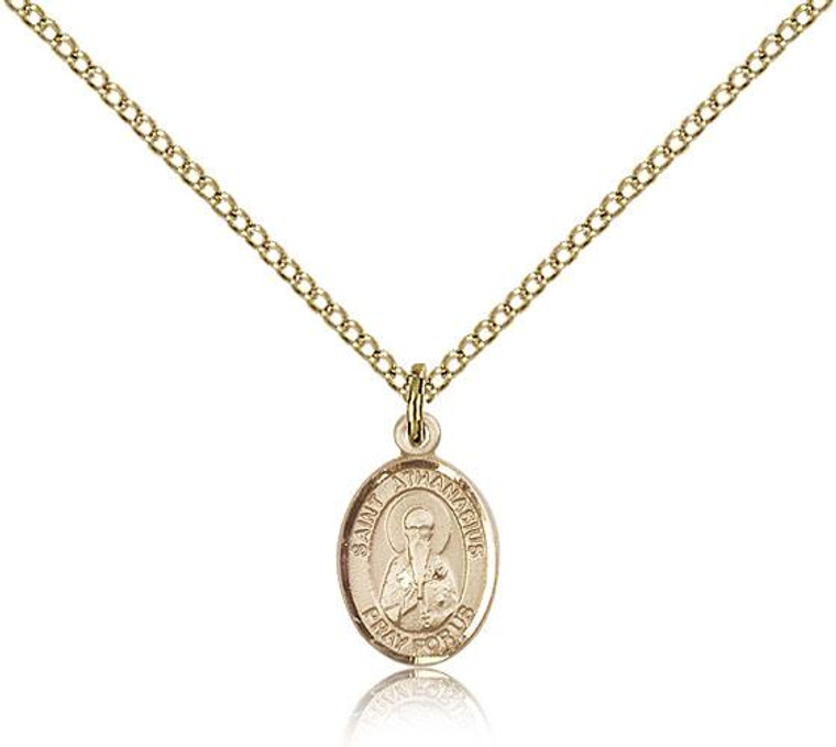 Gold Filled St. Athanasius Pendant, Gold Filled Lite Curb Chain, Small Size Catholic Medal, 1/2" x 1/4"