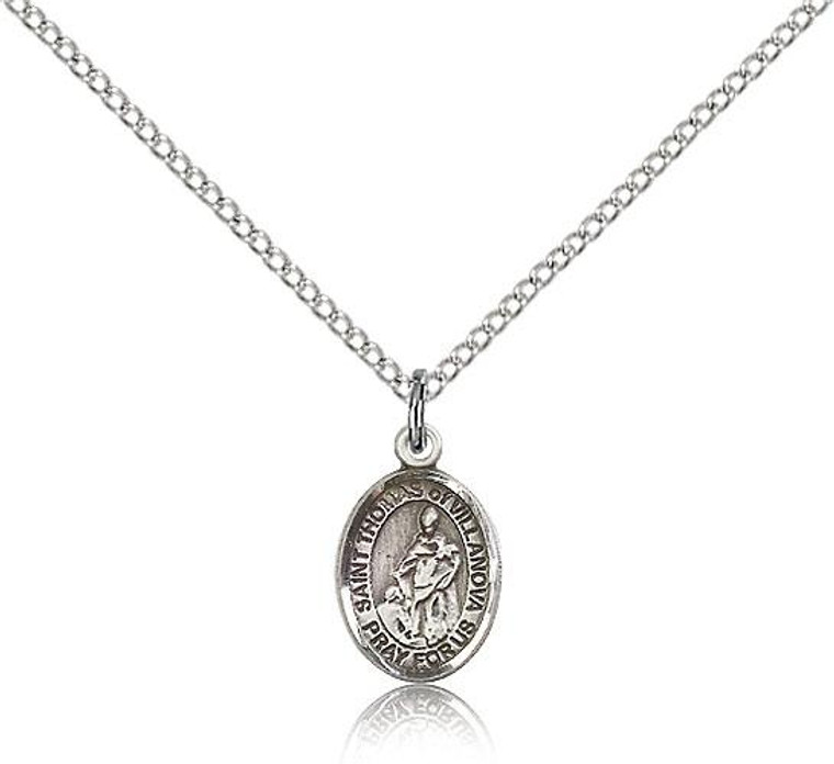 Sterling Silver St. Thomas of Villanova Pendant, Sterling Silver Lite Curb Chain, Small Size Catholic Medal, 1/2" x 1/4"