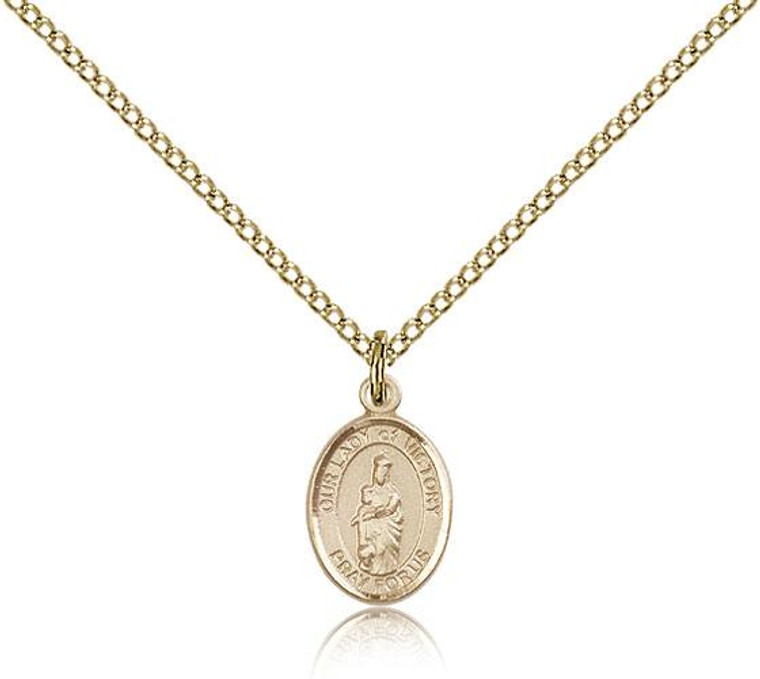 Gold Filled Our Lady of Victory Pendant, Gold Filled Lite Curb Chain, Small Size Catholic Medal, 1/2" x 1/4"