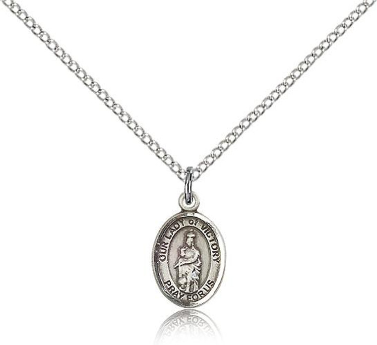 Sterling Silver Our Lady of Victory Pendant, Sterling Silver Lite Curb Chain, Small Size Catholic Medal, 1/2" x 1/4"