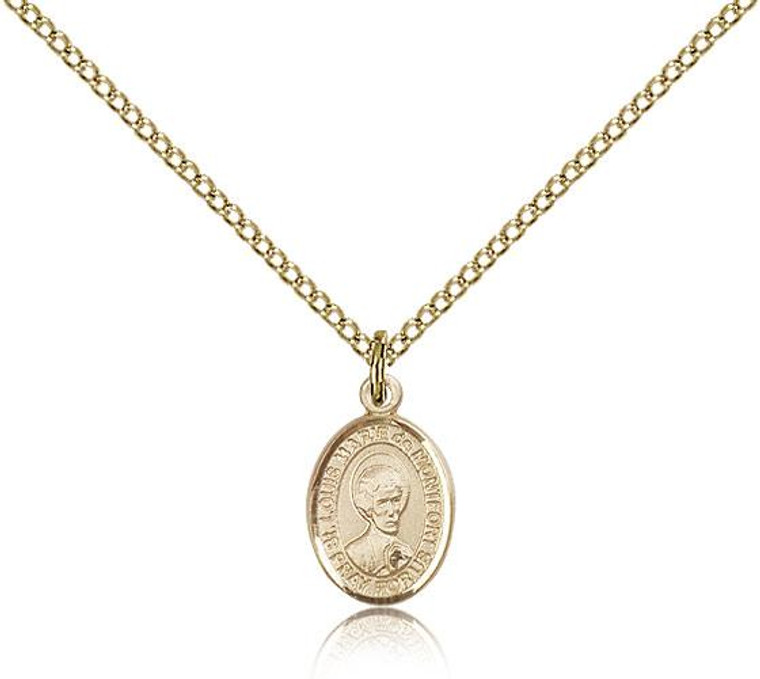 Gold Filled St. Louis Marie De Montfort Pendant, Gold Filled Lite Curb Chain, Small Size Catholic Medal, 1/2" x 1/4"