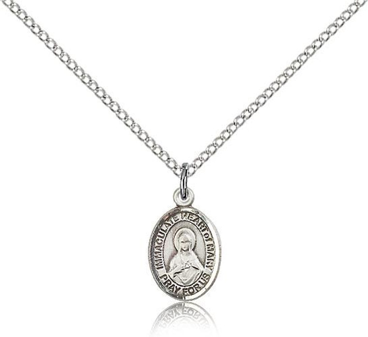 Sterling Silver Immaculate Heart of Mary Pendant, Sterling Silver Lite Curb Chain, Small Size Catholic Medal, 1/2" x 1/4"