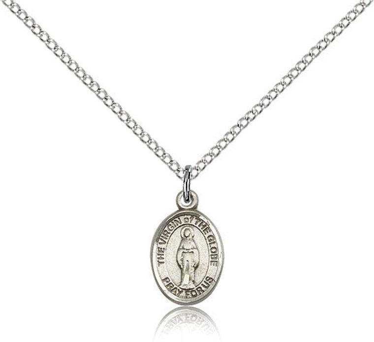 Sterling Silver Virgin Of The Globe Pendant, SS Lite Curb Chain, Small Size Catholic Medal, 1/2" x 1/4"