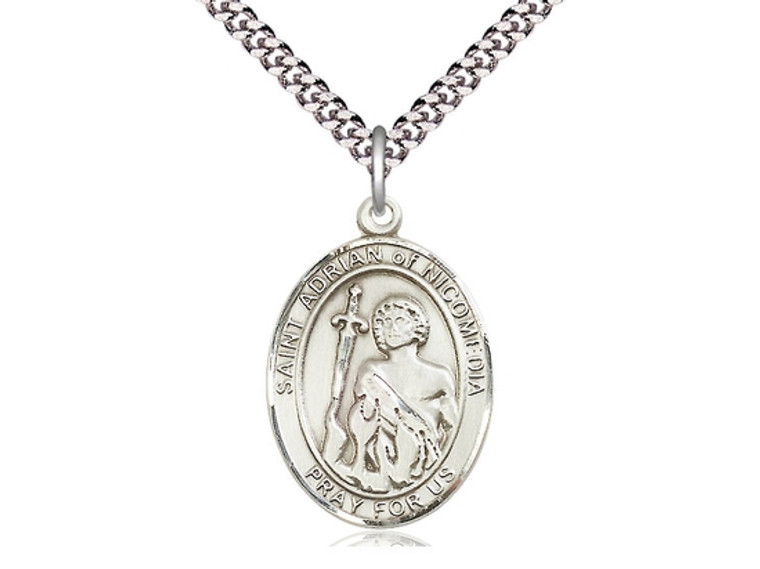 Sterling Silver St. Adrian Of Nicomedia Pendant, SS Lite Curb Chain, Small Size Catholic Medal, 1/2" x 1/4"