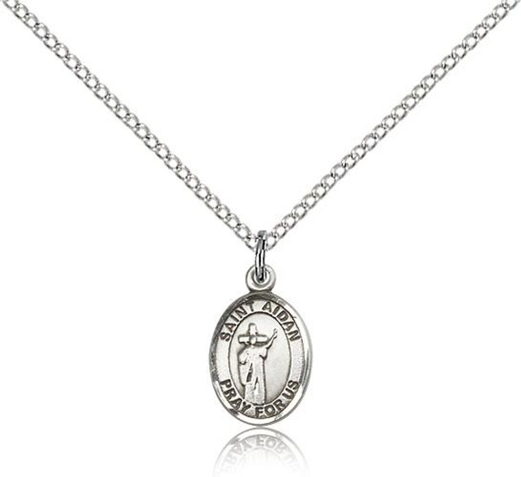 Sterling Silver St. Aidan Of Lindesfarne Pendant, SS Lite Curb Chain, Small Size Catholic Medal, 1/2" x 1/4"