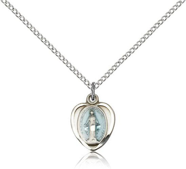 Sterling Silver Miraculous Pendant, Lite Curb Chain, 1/2" x 3/8"