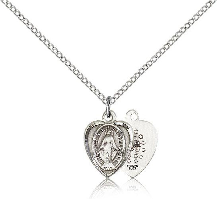 Sterling Silver Miraculous Pendant, Lite Curb Chain, 1/2" x 3/8"