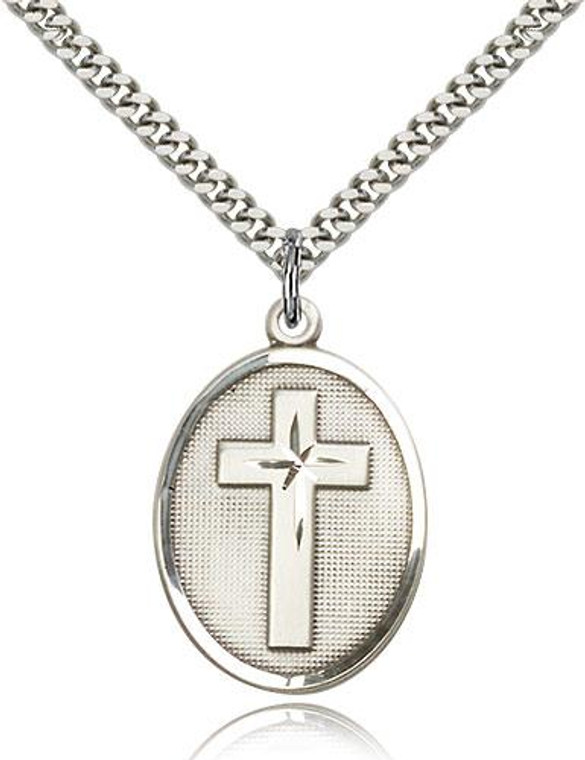 Sterling Silver Cross Pendant, Stainless Silver Heavy Curb Chain, 1 1/8" x 3/4"