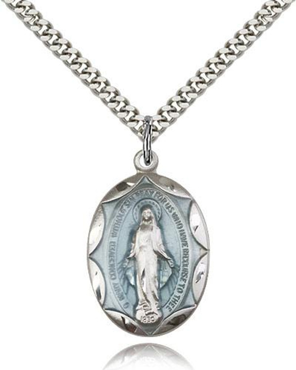 Sterling silver, blue epoxy Miraculous Medal,  heavy curb chain,  1" X 5/8"