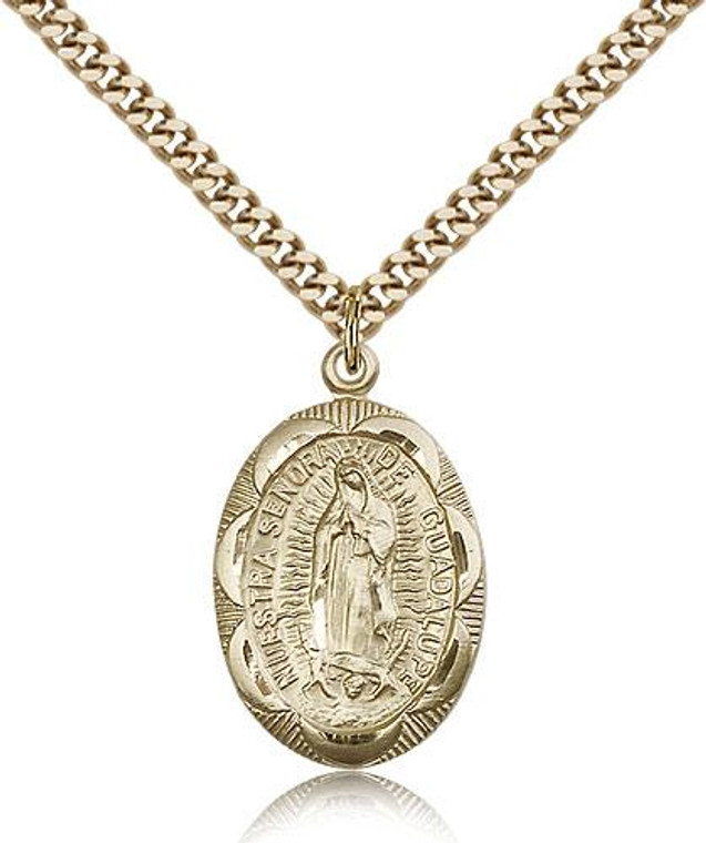 Gold Filled Our Lady of Guadalupe Pendant, Stainless Gold Heavy Curb Chain, 1" x 5/8"