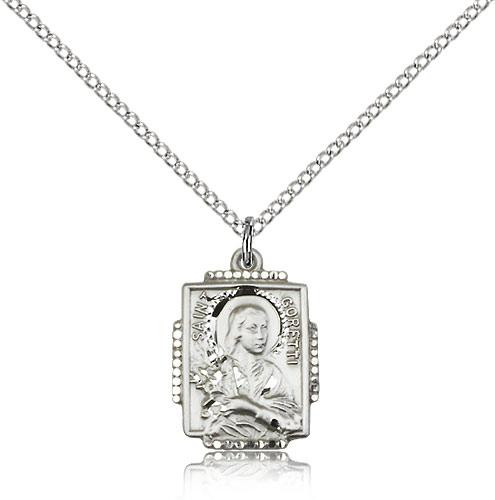 Sterling Silver St. Maria Goretti Pendant, Lite Curb Chain, 3/4" x 1/2"