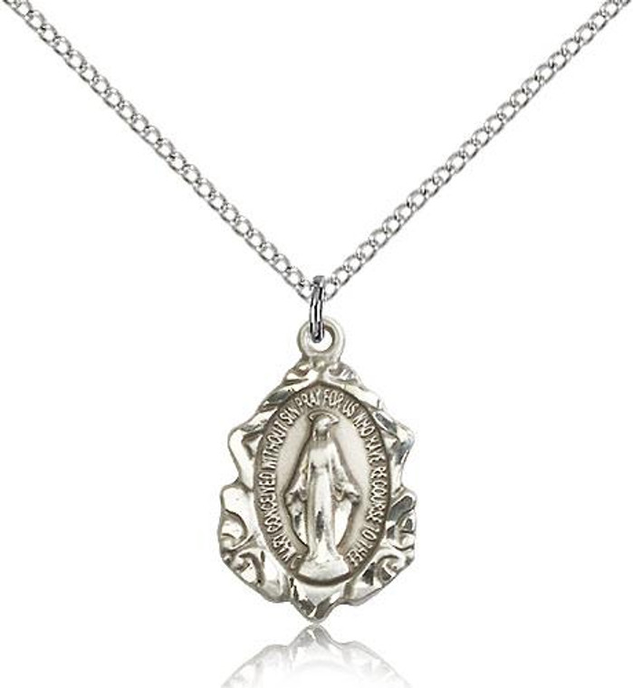 Sterling Silver Miraculous Pendant, Lite Curb Chain, 3/4" x 1/2"