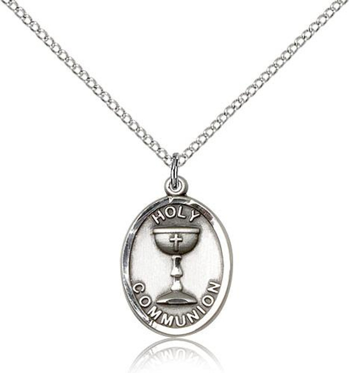 Sterling Silver Holy Communion Pendant, Lite Curb Chain, 3/4" x 1/2"