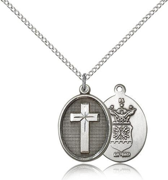 Sterling Silver Cross / Air Force Pendant, Sterling Silver Lite Curb Chain, 3/4" x 1/2"