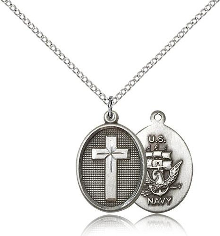 Sterling Silver Cross / Navy Pendant, Sterling Silver Lite Curb Chain, 3/4" x 1/2"