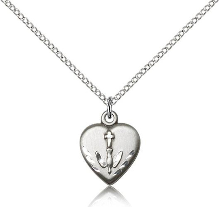 Sterling Silver Heart / Communion Pendant, Lite Curb Chain, 5/8" x 1/2"