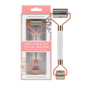Use our Cryotherapy Facial Roller daily to help revitalize tired looking skin by decreasing pore size while improving the overall skin tone appearance. The stainless steel roller heads effectively trap the cold temperature and transfer those benefits directly to your skin. Feel the relaxing and soothing experience of the cool metal contour massager as it rolls smoothly across your skin. There are two sides of this product that are specifically designed for different uses. The large side of the roller is ideal for areas such as the cheek, jawline, neck, and forehead. Additionally, the small side is designed to tackle dark circles and puffiness underneath the eyes with precision. Use our Cryotherapy Facial Roller daily to help revitalize tired looking skin by decreasing pore size while improving the overall skin tone appearance. The stainless steel roller heads effectively trap the cold temperature and transfer those benefits directly to your skin. Feel the relaxing and soothing experience of the cool metal contour massager as it rolls smoothly across your skin. There are two sides of this product that are specifically designed for different uses. The large side of the roller is ideal for areas such as the cheek, jawline, neck, and forehead. Additionally, the small side is designed to tackle dark circles and puffiness underneath the eyes with precision.