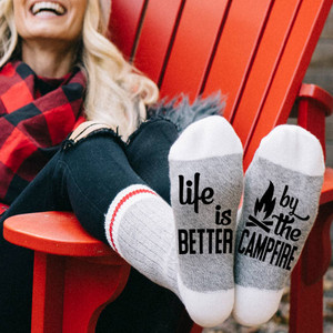 Our funny lumberjack socks are made using high quality materials that will last for years. With the words placed on the bottom of these socks, they are perfect for putting your feet up and creating a good laugh. Made in Canada.