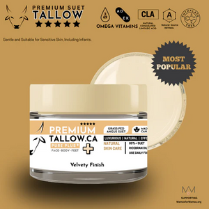85% Premium Angus Suet Tallow, enhanced with Organic Rice Bran Oil and Arrowroot, it delivers a neutral scent and velvety finish that stands out. Perfect for beauty enthusiasts, babies, sensitive or inflamed skin, and as a pre-sun barrier. 85% Premium Angus Suet Tallow, enhanced with Organic Rice Bran Oil and Arrowroot, it delivers a neutral scent and velvety finish that stands out. Perfect for beauty enthusiasts, babies, sensitive or inflamed skin, and as a pre-sun barrier.