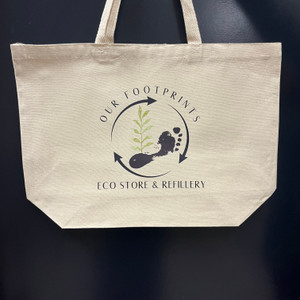 Branded Our Footprints Eco Store Tote Bag. Has coloured logo on the side of bag.