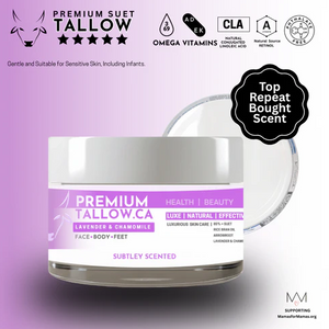 Suet Tallow is sourced from a specific area of grass fed cattle that over regular tallow is more nutrient dense and offers a more luxurious feel and a longer lasting occlusive.  Experience the difference of uncompromising purity and premium quality in every jar.